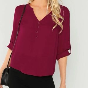 Red Button Front V-Neck Top